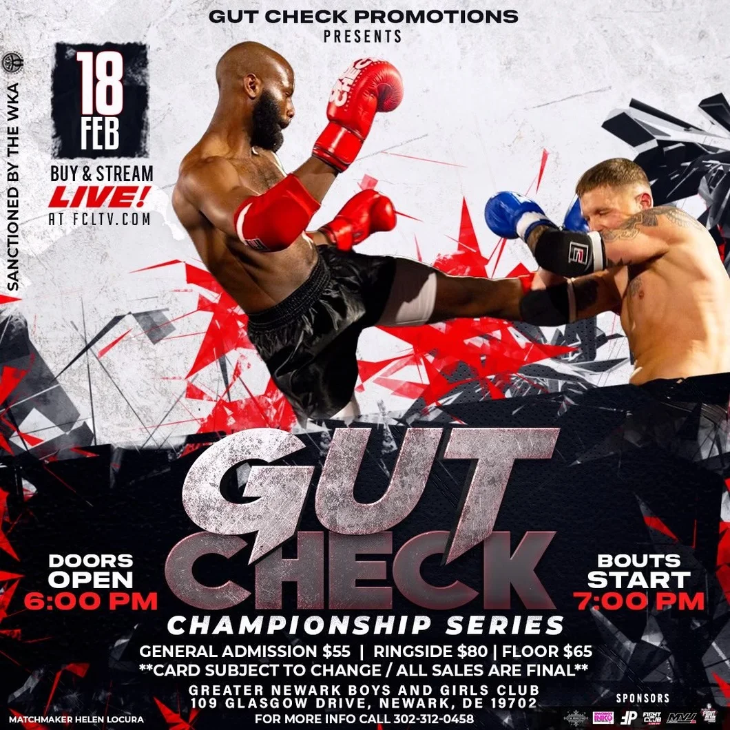 Official fight event poster for Gut Check Championship Series - Muay Thai & Kickboxing | February 18, 2023