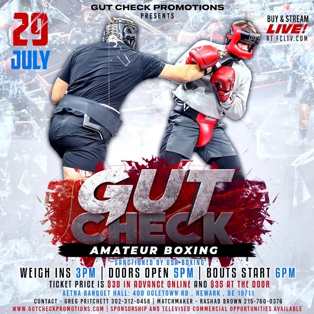 Official fight event poster for Gut Check Fight Night - Amateur Boxing Sanctioned by USA Boxing | July 29, 2023