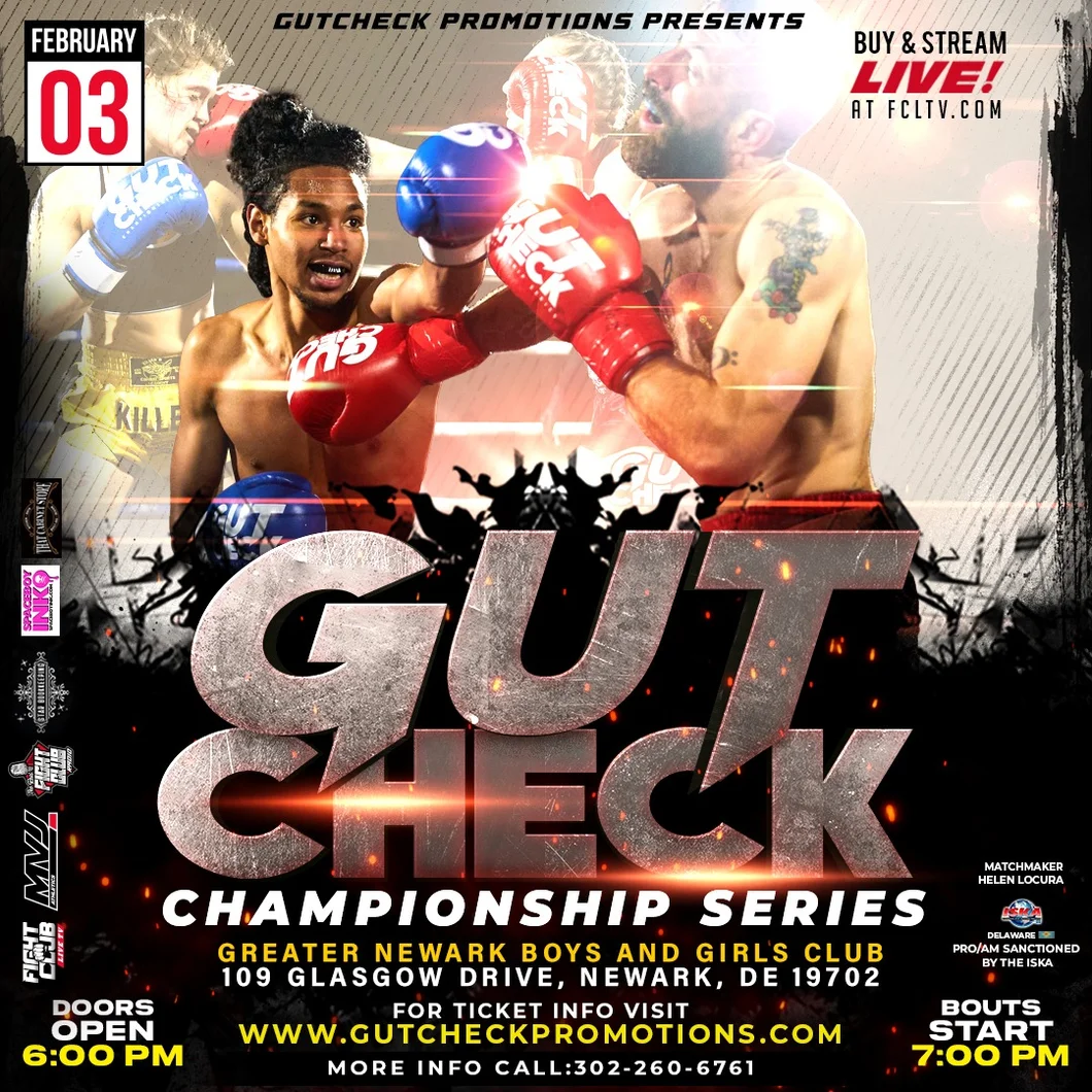 Official fight event poster for Gut Check - Muay Thai & Kickboxing | February 3, 2024