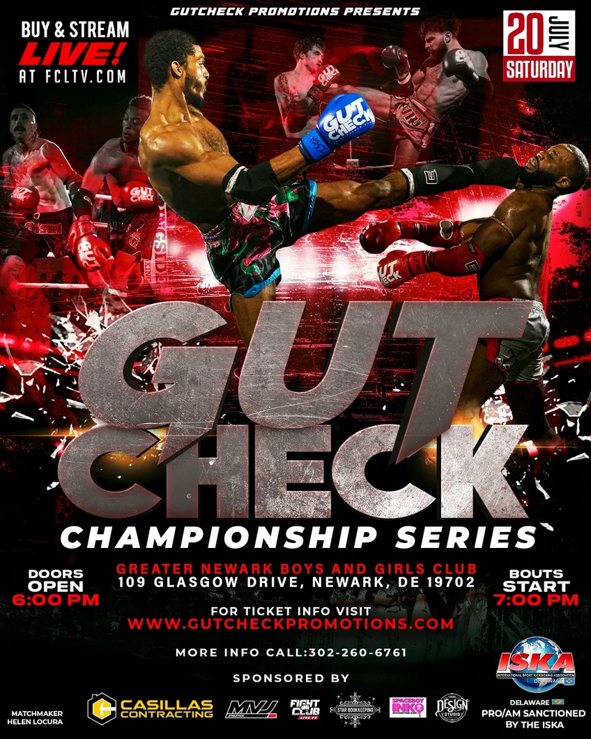 Official fight event poster for Gut Check Championship Series - Muay Thai & Kickboxing | July 20th, 2024