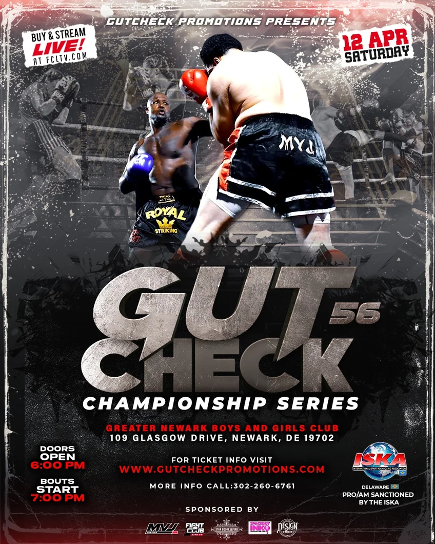 Official fight event poster for Gut Check Championship Series 56 - Muay Thai & Kickboxing | April 12, 2025