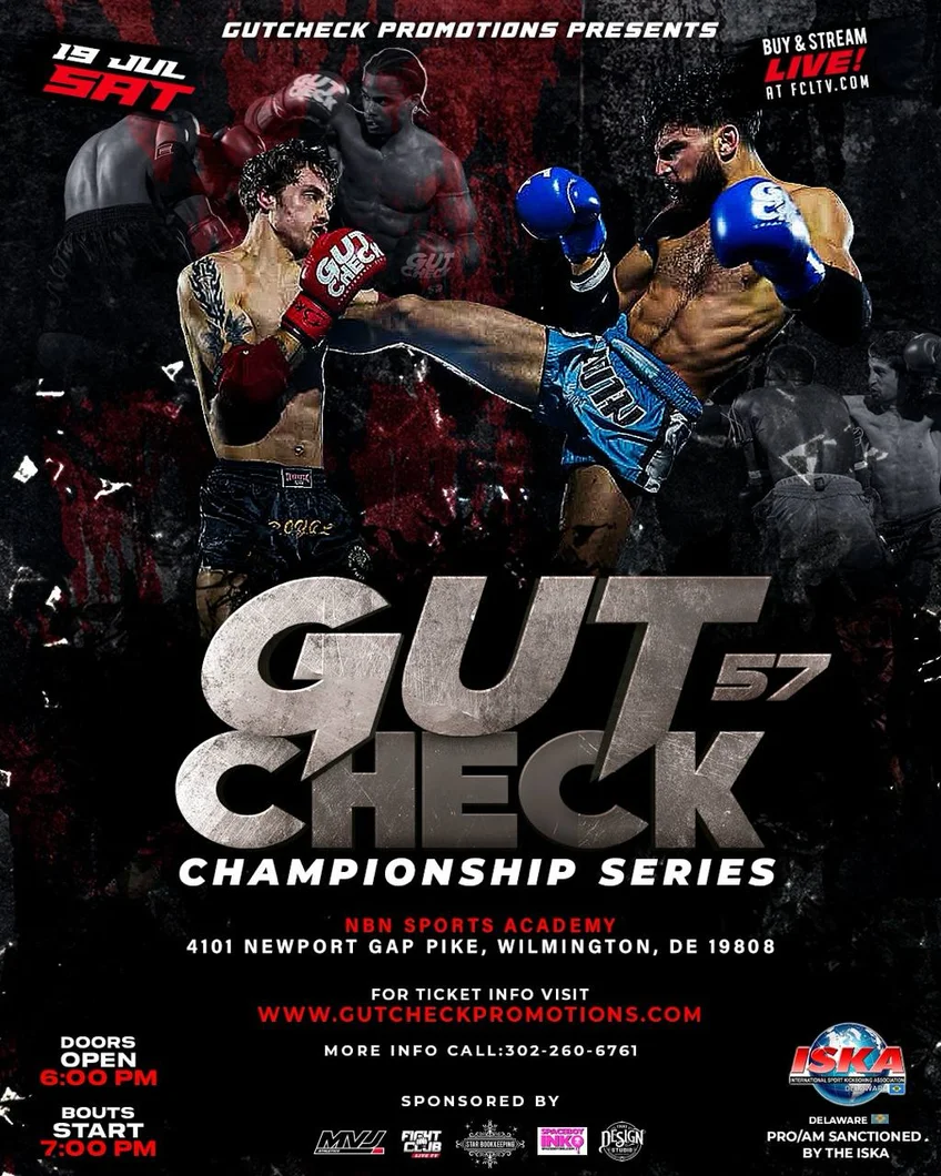 Official fight event poster for Gut Check Championship Series 57 - Muay Thai & Kickboxing | July 19, 2025
