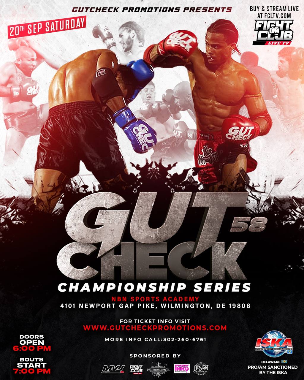 Official fight event poster for Gut Check Championship Series 58 - Delaware Muay Thai & Kickboxing | September 20th, 2025